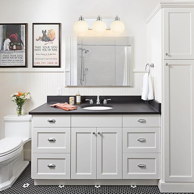 Tuscarora Chrome Vanity Light - 3 Light Bathroom Vanity Light with Milk Glass Shade, Over Mirror Lighting Fixture