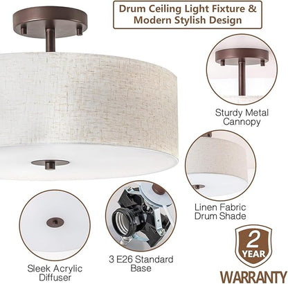 Bargeni Semi Flush Mount Ceiling Light Fixture,16 inch Drum Flush Mount Ceiling Light,Modern Light Fixtures Ceiling Mount with Oil Rubbed Bronze Finish,Semi Flush Ceiling Light for Bedroom,Living Room