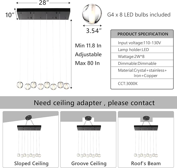 8 Lights Black Raindrop Rectangle Chandelier, Modern Bubble Crystal Chandelier for Dining Room, Large Pendant Light for High Ceilings Staircase Foyer Entryway Living Room Kitchen Island