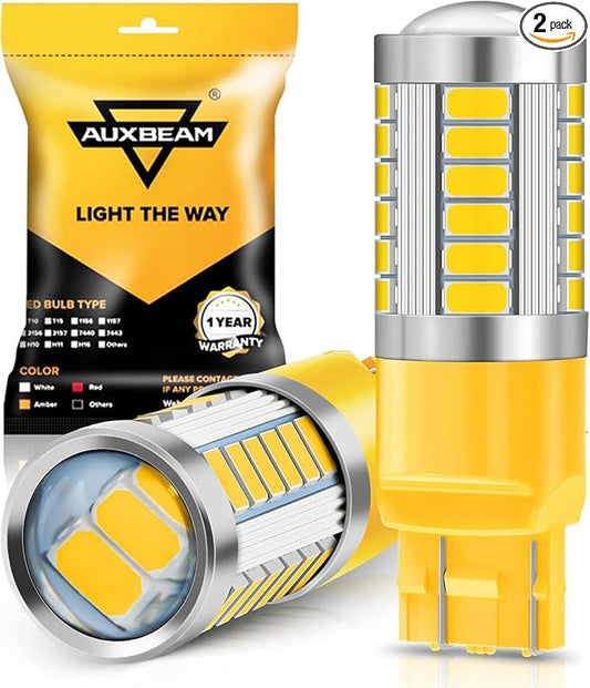 Auxbeam 7440 7443 LED Bulbs for Turn Signal Lights T20 7441 7444 LED Replacement Light Kit for Marker Blinker Lights, 3500K Amber Yellow, 3030-SMD 12V, Pack of 2 (May Need Resistors)