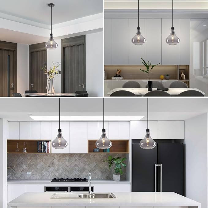Modern Glass Pendant Light 9.44 in Smoke Gray Glass Shade Black Farmhouse Island Pendant Lights for Kitchen Pendant Lighting Over Sink Bedroom Dining Room