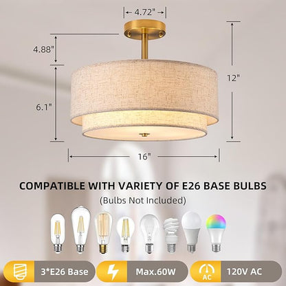 16" Semi Flush Mount Ceiling Light Fixture,Modern Close to Ceiling Light, 3-Lights Gold Drum Ceiling Light with Linen Fabric Shade for Bedroom Living Dining Room Hallway Entryway Foyer
