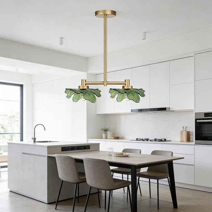 2-Light Modern Green Glass Chandelier, Gold Pendant Light with Leaf-Shaped Shades, Adjustable Height Industrial Farmhouse Chandelier for Dining Room, Kitchen Island, Foyer