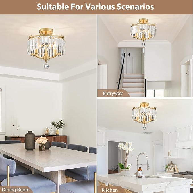 Crystal Gold Chandeliers Modern Farmhouse Small Chandelier 12.2 Inch 3-Light Round Crystal Mini Semi Flush Mount Ceiling Light Fixture for Dining Room Entryway Hallway Kitchen Bedroom Foyer