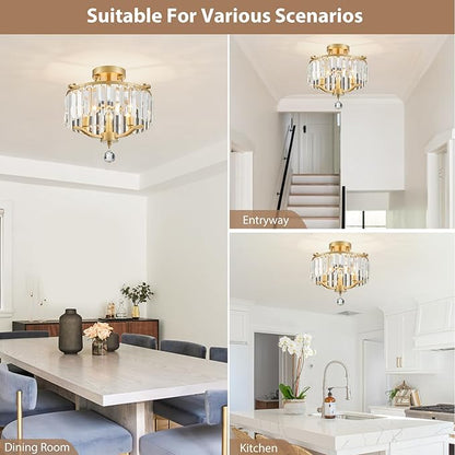 Crystal Gold Chandeliers Modern Farmhouse Small Chandelier 12.2 Inch 3-Light Round Crystal Mini Semi Flush Mount Ceiling Light Fixture for Dining Room Entryway Hallway Kitchen Bedroom Foyer