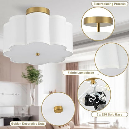 13.3"Semi Flush Mount Ceiling Light Fixture, 3-Light Modern Close to Ceiling Light With Fabric Flower-Shaped Shade, Light Fixtures Ceiling Mount for Bedroom Nursery Kids Room Living Room(Gold)