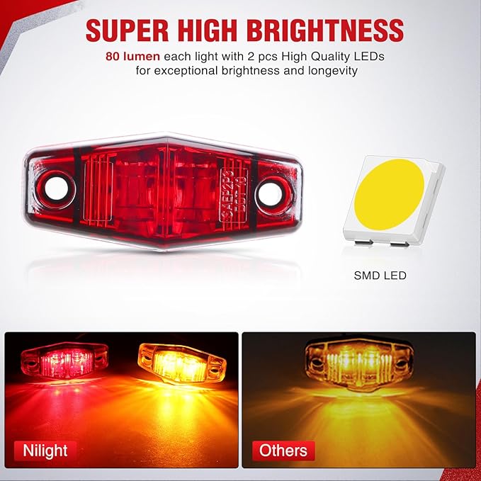 Nilight 2.5 Inch Oval Side Marker Clearance Light 2 LED 4 Amber & 4 Red 80LM High Lumen Waterproof Surface Mount 12V Direct Wire for Truck Trailer Boat RV Semi
