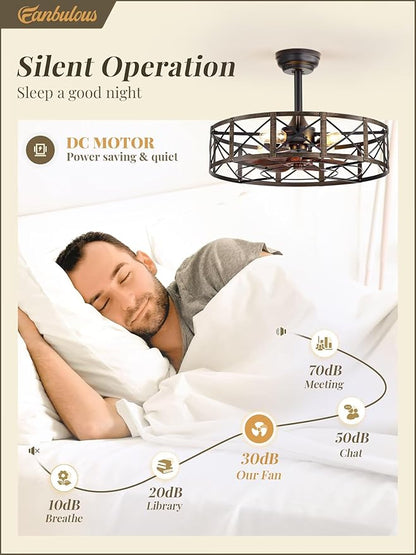 Fanbulous 23 Inch Fandelier Caged Ceiling Fans with Lights and Remote, Black Farmhouse Ceiling Fan, Bladeless Samll Fan Lights Ceiling Fixtures for Kitchen, Bedroom-Black and Gold