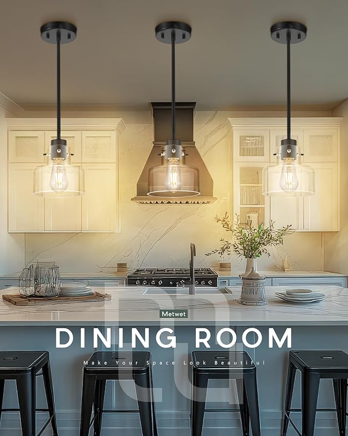 2 Pack Pendant Lights Kitchen Island, 6" Matte Black Pendant Light Fixtures Over Island with Clear Glass Shade, Modern Kitchen Island Lighting for Dining Room Entryway, PL124-MB-G-2PK