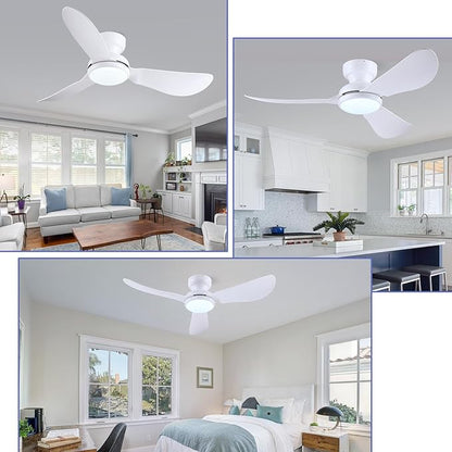 Kviflon 46 Inch Ceiling Fans with Lights, Small Flush Mount Ceiling Fan, Remote/APP Control, 3 Reversible Curved Blades, 6 Speeds, 3 CCT Dimmable Lights for Bedroom, White