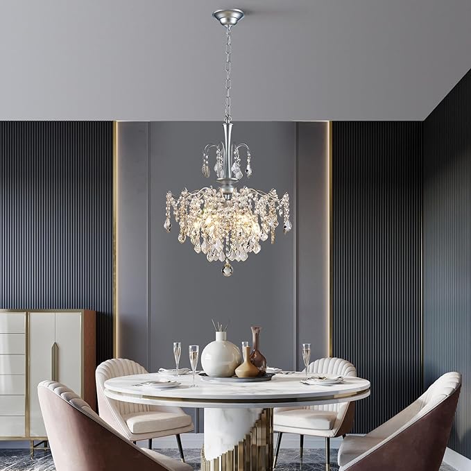Modern Crystal Chandelier, Chrome Candle Chandeliers for Dining Room Lighting Fixtures Hanging, Kitchen Ceiling Hanging Pendant Light for Bedroom Living Room Kitchen Island Hallway