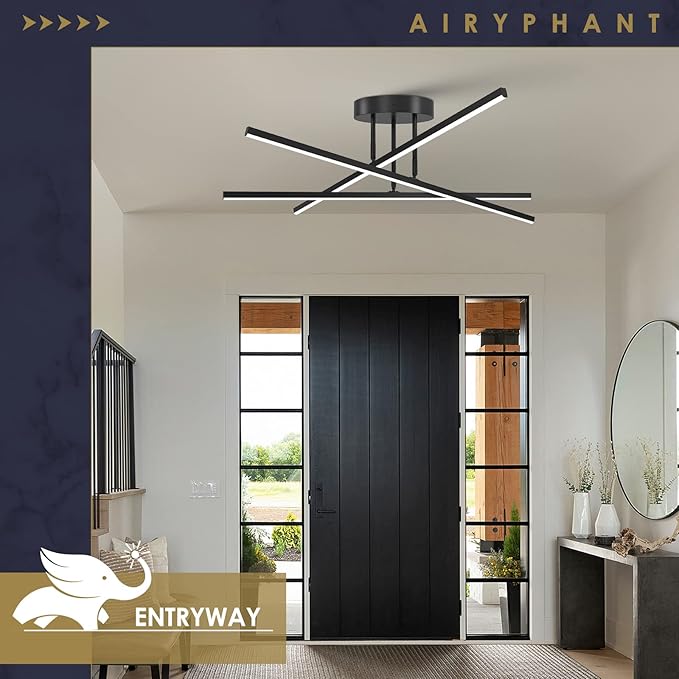 Modern LED Chandelier 24W Dimmable Black Semi Flush Mount Ceiling Light Fixture for Kitchen Dining Room Foyer Entry, 23.82"