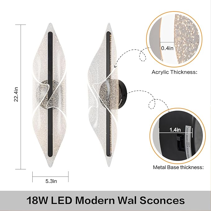 Modern Wall Sconce Light 22.4In Black Wall Lghting LED Dimmable Wall Lamp for Living Room Hallway Bathroom Bedroom Stairs Indoor