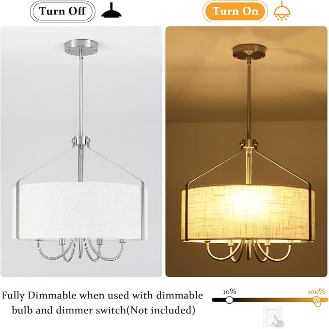 Drum Chandelier for Dining Room, 5-Light Modern Brushed Nickel Chandelier with Linen Shade, 18" Hanging Linen Drum Pendant Ceiling Light Fixture for Entryway, Foyer, Living Room, Kitchen, Bedroom