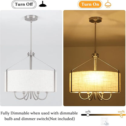 Drum Chandelier for Dining Room, 5-Light Modern Brushed Nickel Chandelier with Linen Shade, 18" Hanging Linen Drum Pendant Ceiling Light Fixture for Entryway, Foyer, Living Room, Kitchen, Bedroom