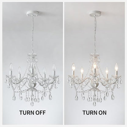 AMZASA Crystal White Chandelier, Ceramic White Hanging Pendant Light,Crystals Pendant and Glass Dish,5 Light Crystal Chandeliers for Ceiling Medallions,Wedding,Dining,Kitchen, Foyer,Mini