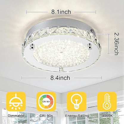 Flush Mount Crystal Ceiling Light Modern Ceiling Light Hallway Light Fixtures LED 4000K Round Ceiling Light 8 Inch for Small Space, Bedroom, Foyer, Entryway, Kitchen