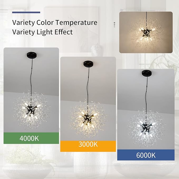 CM MZY Modern Crystal Chandeliers Firework, Matt Black Dandelion Sputnik Ceiling Light Fixtures, Sputnik Chandelier Pendant Light for Bedroom Living Room Dining Room Kitchen Island Hallway