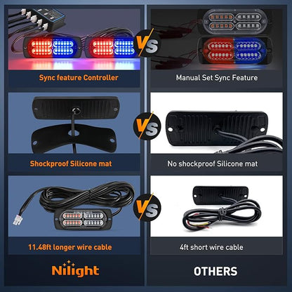Nilight 4PCS LED Strobe lights 12V 24V Sync Feature Red Blue 24LED Emergency Hazard Warning Lights with Controller Hard Wire or Cigarette Lighter Plug for Car Truck RVs Campers