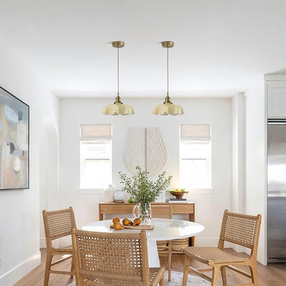 Vintage Glass Pendant Light,Gold Brass Pendant Lights Body,Adjustable Height Hanging Light Fixture for Kitchen Island Dining Room Living Room,Color Creamy Yellow