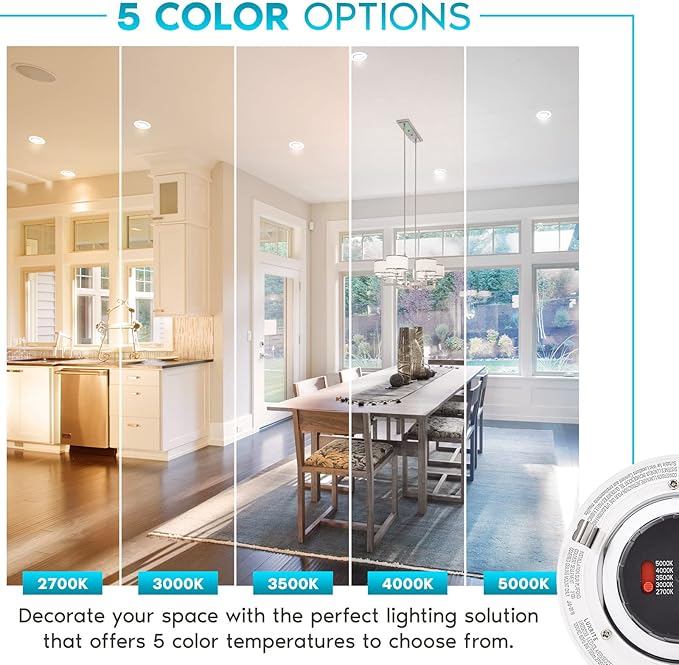LUXRITE 4 Inch Gimbal LED Recessed Lighting Can Light, 8W=60W, 5 Color Selectable 2700K-5000K, CRI 90, Dimmable Adjustable LED Downlight, 700 Lumens, Wet Rated, Energy Star, ETL Listed