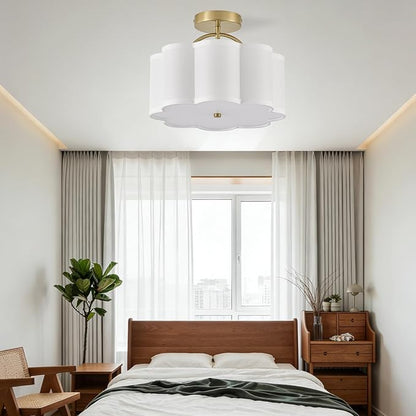13.5" Gold Semi Flush Mount Ceiling Light Fixture for Bedroom,3-Light Modern Flower-Shape Close to Ceiling Light with Fabric Shade for Bedroom Hallway Nursery Living Room (White)