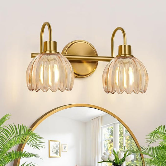 Bathroom Light Fixtures, 2-Light Brushed Gold Vanity Lights for Bathroom with Ribbed Amber Tulip Glass Shade, Vanity Lights Over Mirror for Bedroom, Living Room, Hallway
