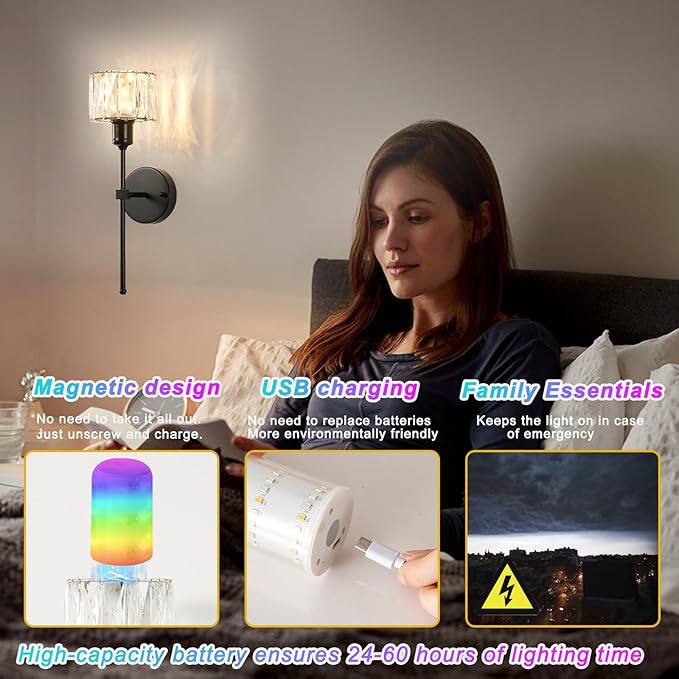 Crystal Battery Operated Wall Sconces Set Of Two, Black Wireless Wall Light with USB Rechargeable LED Light Bulbs 12 Colors Dimmable Crystal Wall Lamp with Remote for Living Room, Bedroom, Hallway