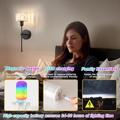 Crystal Battery Operated Wall Sconces Set Of Two, Black Wireless Wall Light with USB Rechargeable LED Light Bulbs 12 Colors Dimmable Crystal Wall Lamp with Remote for Living Room, Bedroom, Hallway
