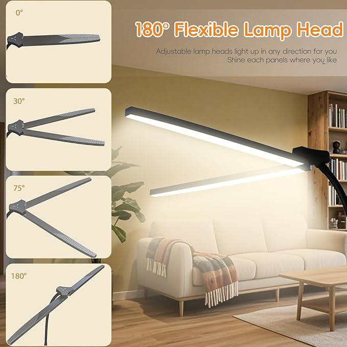 24W/2400LM Dual Head LED Floor Lamp for Living Room, Reading Standing Task Lamp for Office, Adjustable Panels with Remote, No Glare Puzzle Light for Tattoo, Piano, Sewing, Lash, Craft