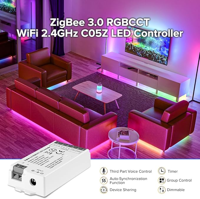 BTF-LIGHTING Tuya Zigbee 3.0 C05Z LED Controller Support RGBCCT 6 pin (+V R G B CW WW) PWM FCOB COB SMD Light Strip Compatible with Echo Plus/4th Gen Philip Gateway DC5V/DC12V/DC24V Max 15A