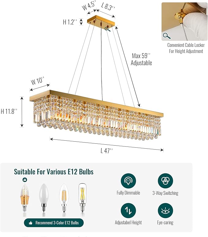 Siljoy Rectangular Gold Crystal Chandelier for Dining Room, 10-Light Modern Rectangle K9 Crystal Raindrop Chandelier, Luxury Dimmable Crystal Ceiling Light for Living Room Kitchen Island L47''