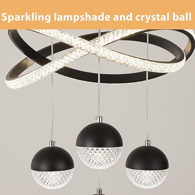 Modern Black LED Chandeliers, LED Pendant Light Dining Room Light Fixtures Over Table Dimmable with Remote Control Adjustable Modern Chandeliers for Dining Room Kitchen Island Living Room Bedroom