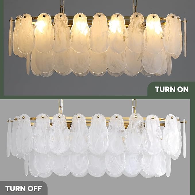 KELUOLY Modern Glass Chandelier 8-Light Rectangle Gold Brass Chandelier Luxury Oval 2-Tiers Crystal Cloud Glass Pendant Ceiling Light for Dining Room Living Room Kitchen Island L31.5'' (E12)