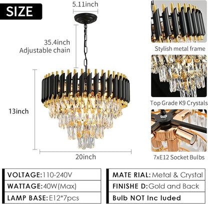 Gold Modern Crystal Chandeliers 4-Tier K9 Round Black and Gold Crystal Chandelier Light Fixture 7 Lights Hanging Pendant Ceiling Light Fixture for Dining Room Living Room Bedroom Entryway Foyer W20in