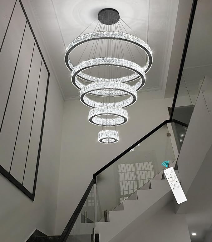 Modern High Ceiling Crystal Chandelier 90W Dimmable LED Chandeliers with Remote Luxury Height Adjustable Large Lighting Fixtures for Living Room Staircase Foyer Black