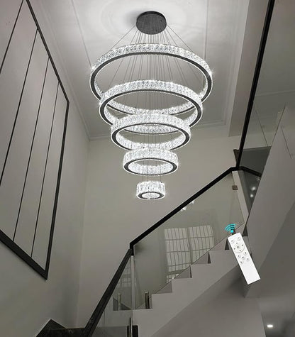 Modern High Ceiling Crystal Chandelier 90W Dimmable LED Chandeliers with Remote Luxury Height Adjustable Large Lighting Fixtures for Living Room Staircase Foyer Black