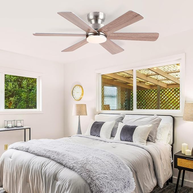 BayDay Ceiling Fans with Lights, Ceiling Fan with Remote APP, Dual-Sided Modern/Rustic, Reversible, 3CCT, Flush Mount Low Profile Ceiling Fan with Lights Bedroom Kitchen Indoor (Nickel, 46 inch)