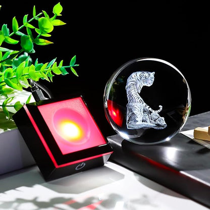 Arikyrist 3D Tiger Crystal Ball Figurine with Colorful Light Base, Tiger Gifts for Women Men on Christmas Birthday, Laser Engraved Tiger Collectible Globe Glass Decorative Ball for Home Office (80mm)