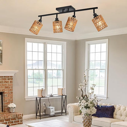 MELUCEE 4 Light Track Lighting Kit Farmhouse Bathroom Light Fixtures Black Ceiling Spotlight Fixture with Rattan Lamp Shade for Hallway Porch Foyer Bath Storage