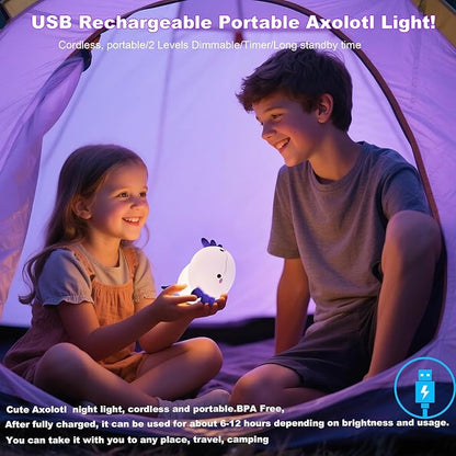 HAPPYBAG Axolotl Night Light,Cute Axolotl lamp Gifts for Kids,Dimmable Silicone Animal Nursery Night Light,Kawaii Rechargeable Bedside Touch Lamp,Baby Room Decor Axolotl Light