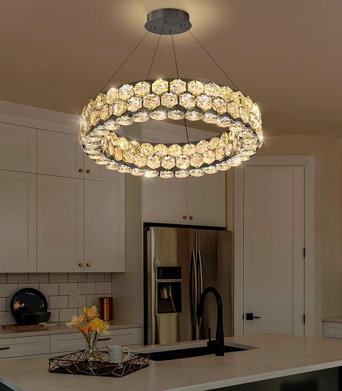 Modern Crystal Chandelier Ring Chandeliers for Dining Room Living Room Round LED Dimmable Ceiling Light Fixture for Bedroom Hallway Foyer Black