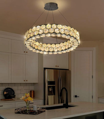 Modern Crystal Chandelier Ring Chandeliers for Dining Room Living Room Round LED Dimmable Ceiling Light Fixture for Bedroom Hallway Foyer Black