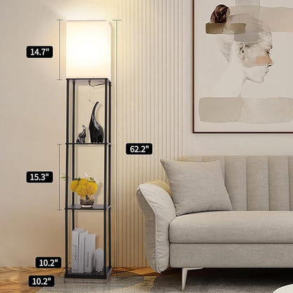 Gupuzm Floor Lamp with Shelves, Modern Square Standing Lamp with 3 Color Temperature Bulb, Corner Display Bookshelf Lamp for Living Room, Bedroom and Office (Black)