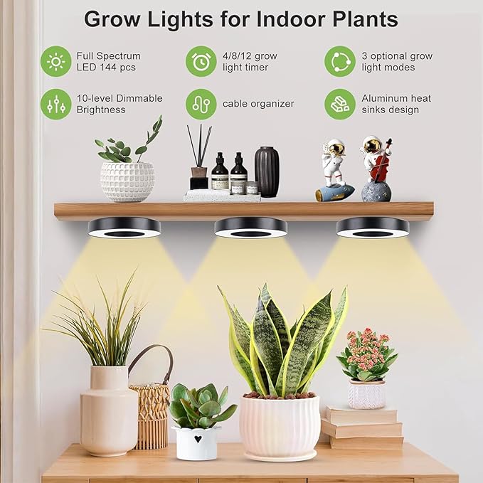 Banax LED Grow Light for Indoor Plants 144 LEDs, Tri-Head Ring Design, 5V/2A 10 Brightness Levels, 3/9/12H Timer, Ideal for Herbs, Succulents & Seedlings（Black）