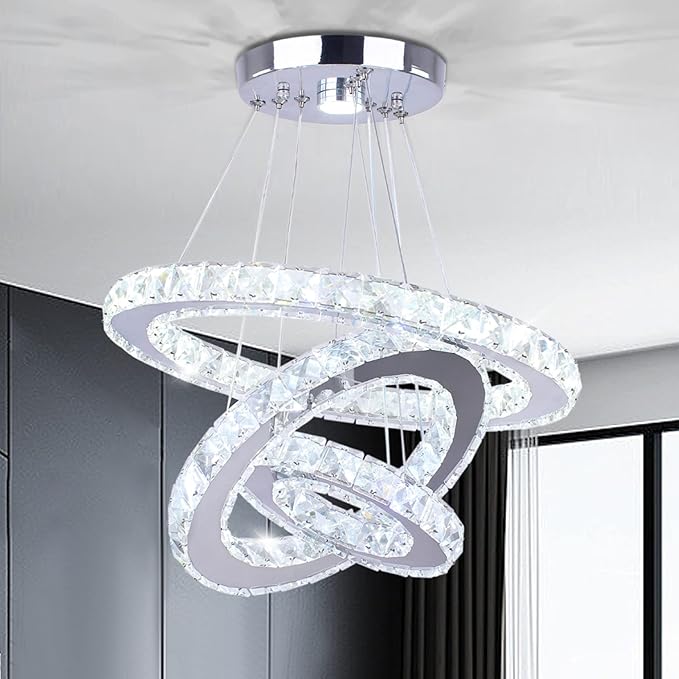 Modern 3 Ring Round Crystal Chandelier Adjustable Stainless Steel Pendant Lighting LED Crystal Ceiling Light Fixture for Living Room Dining Room Bedroom Cool White