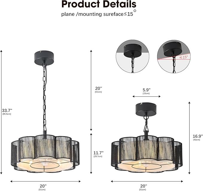 20" Rattan Ceiling Fan, 4-Lights Caged Fandelier Ceiling Fan with Remote and App Control, Drum Lampshade, Boho Chandelier with Fan for Dining Room, Bedroom, Kitchen (Black Farmhouse)