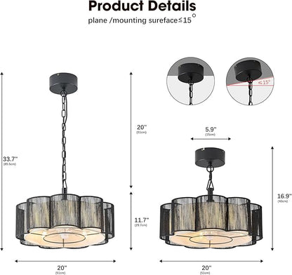 20" Rattan Ceiling Fan, 4-Lights Caged Fandelier Ceiling Fan with Remote and App Control, Drum Lampshade, Boho Chandelier with Fan for Dining Room, Bedroom, Kitchen (Black Farmhouse)