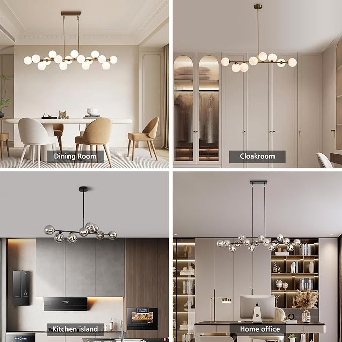 Brass Linear Chandelier, 8 Lights Modern Bubble Chandelier with White Glass Lampshade, Mid Century Globe Pendant Lights for Dining Room Kitchen Island - Gold