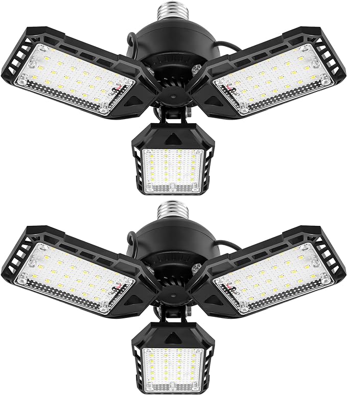 Aoretic LED Garage Lights Bulb 2 Pack -80W, 8000LM 6500K Led Shop Light with 3 Deformable Panels, Basement Barn Light Garage Ceiling Lights, E26/E27 for Garage, Warehouse, Shop, Basement